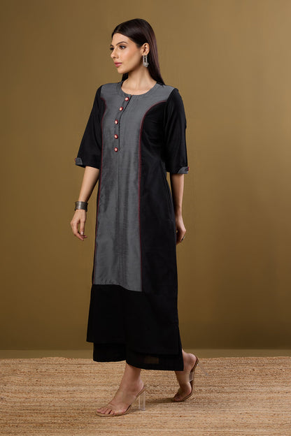 Maati Craft Ink and Ember Luxe Long Panelled Kurta with Slit