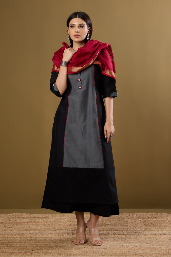 Maati Craft Ink and Ember Luxe Long Panelled Kurta with Slit