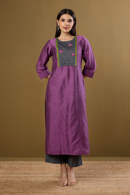 Maati Craft Blossoms in Dustlight Long Luxe Silk Slub Kurta with Yoke & Slit