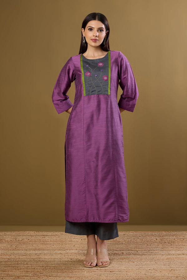 Maati Craft Blossoms in Dustlight Long Luxe Silk Slub Kurta with Yoke & Slit