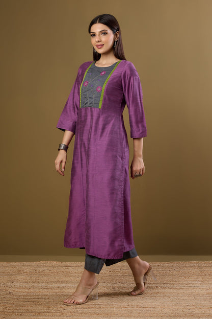 Maati Craft Blossoms in Dustlight Long Luxe Silk Slub Kurta with Yoke & Slit