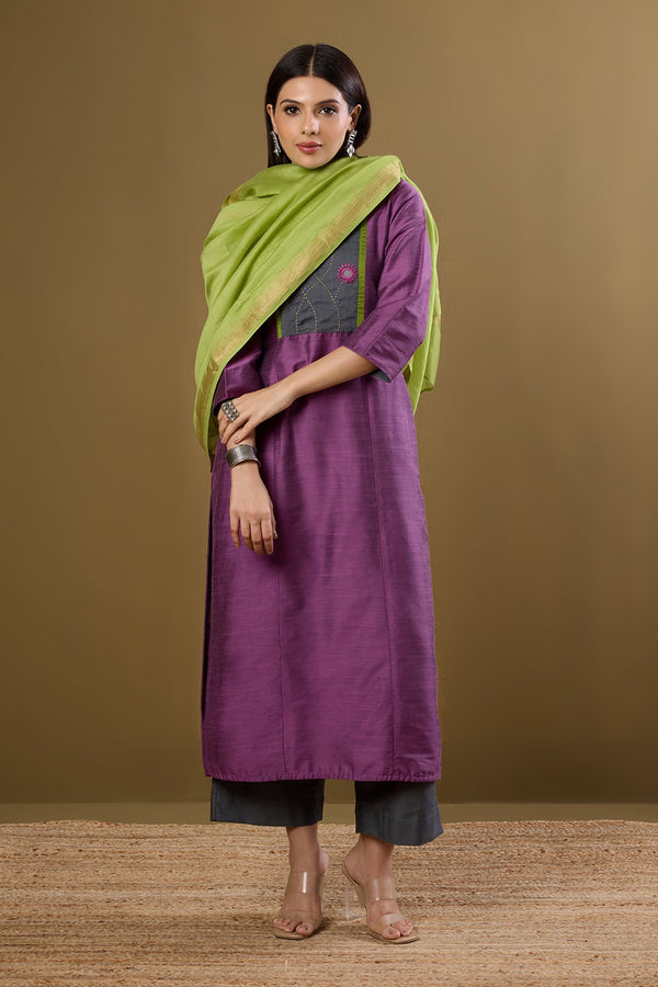 Maati Craft Blossoms in Dustlight Long Luxe Silk Slub Kurta with Yoke & Slit