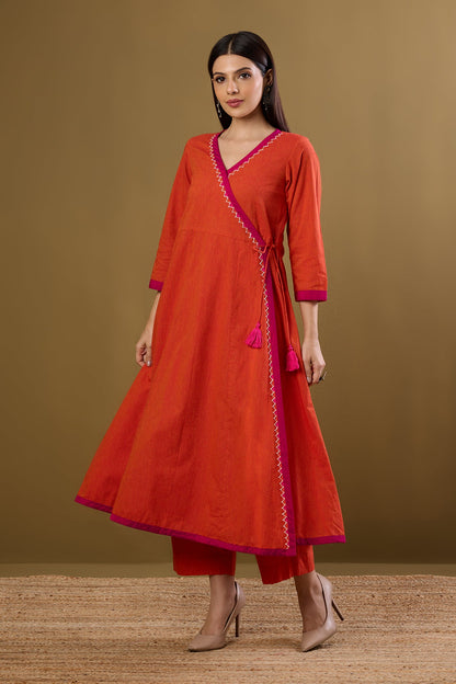 Maati Craft Tie-Up Angrakha Kurta Tangerine Tint & Rani Pop
