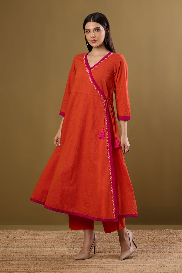 Maati Craft Tie-Up Angrakha Kurta Tangerine Tint & Rani Pop