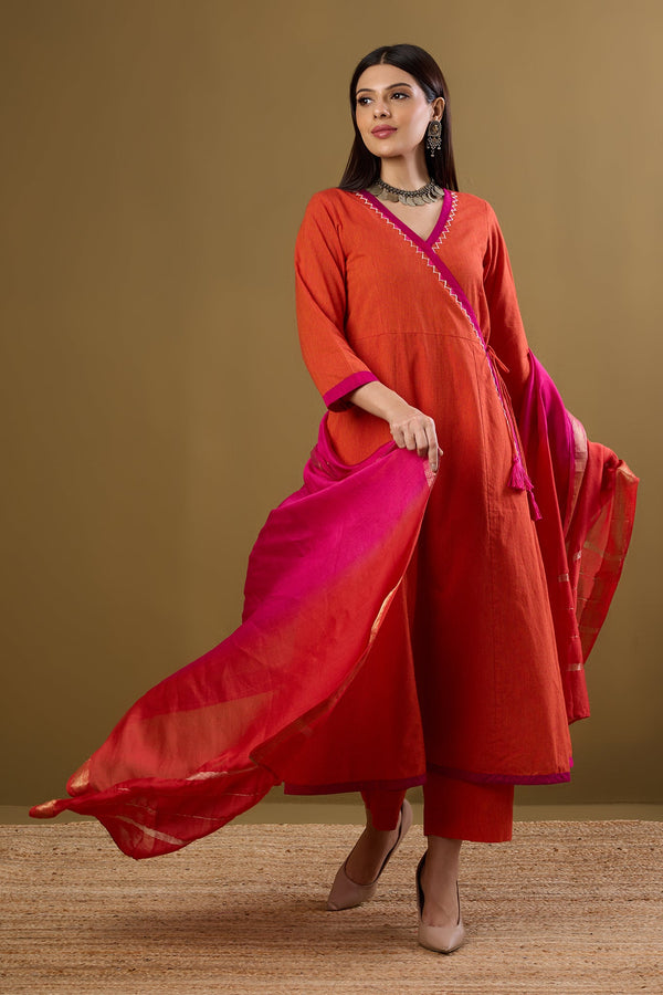 Maati Craft Tie-Up Angrakha Kurta Tangerine Tint & Rani Pop