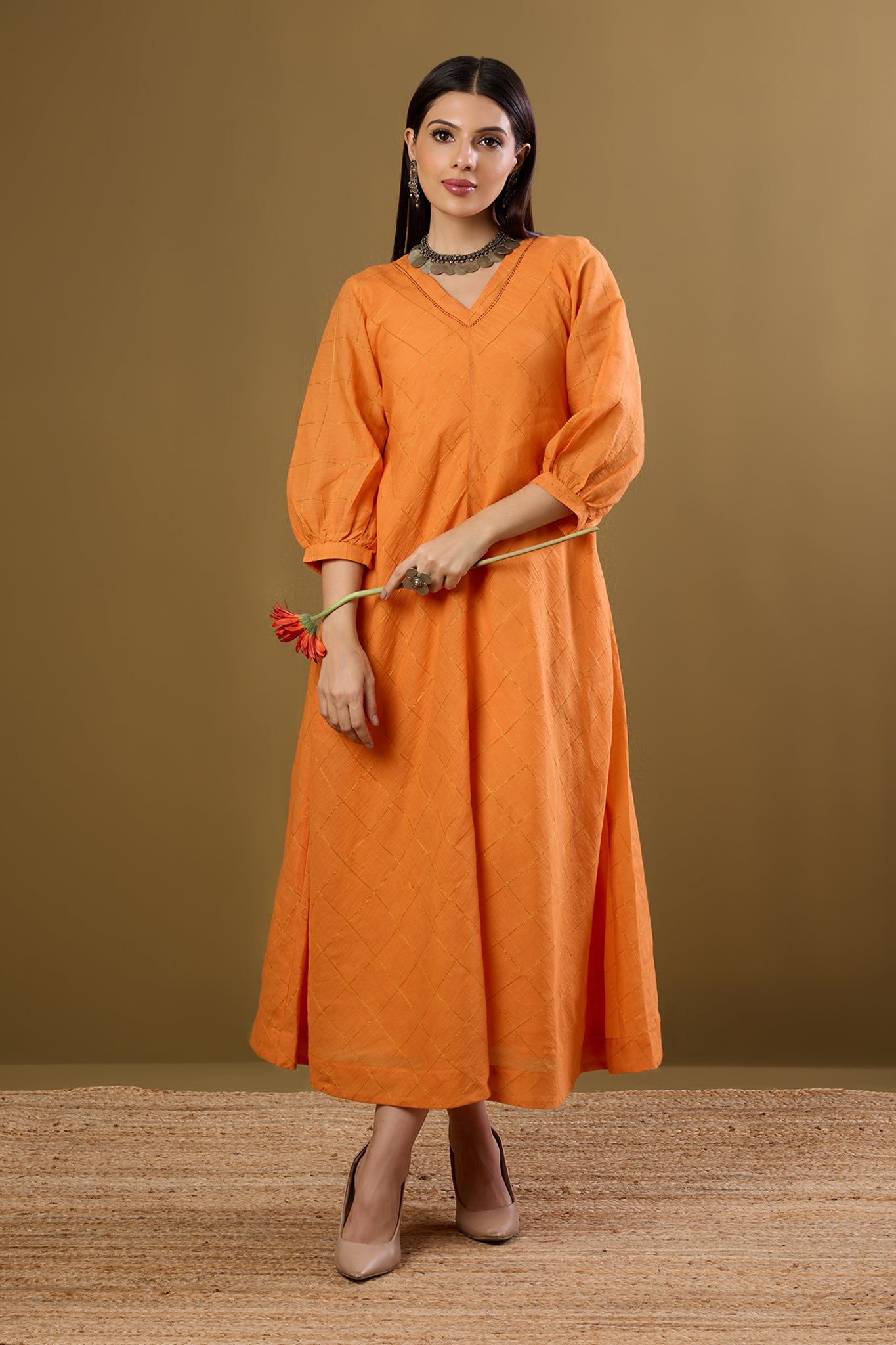 Maati Craft Sunkissed Checks V-Neck Dress
