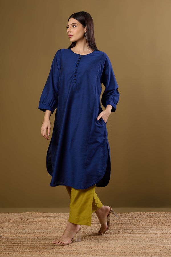 Maati Craft Deep Ink Round Hemline Silk Slub Kurta