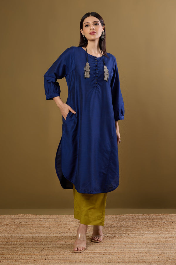 Maati Craft Deep Ink Round Hemline Silk Slub Kurta