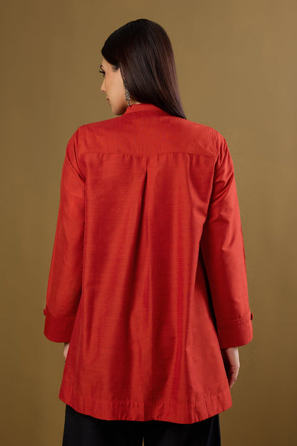 Maati Craft Tangerine Glow High Low Hem Luxe Silk Slub Shirt