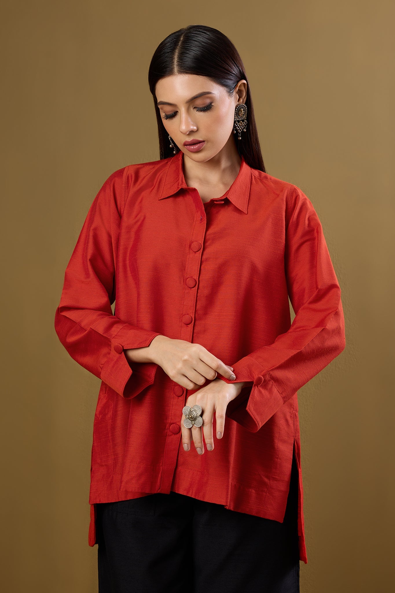 Maati Craft Tangerine Glow High Low Hem Luxe Silk Slub Shirt