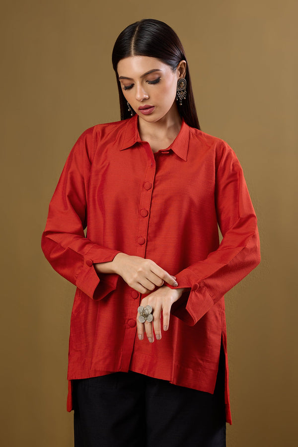 Maati Craft Tangerine Glow High Low Hem Luxe Silk Slub Shirt