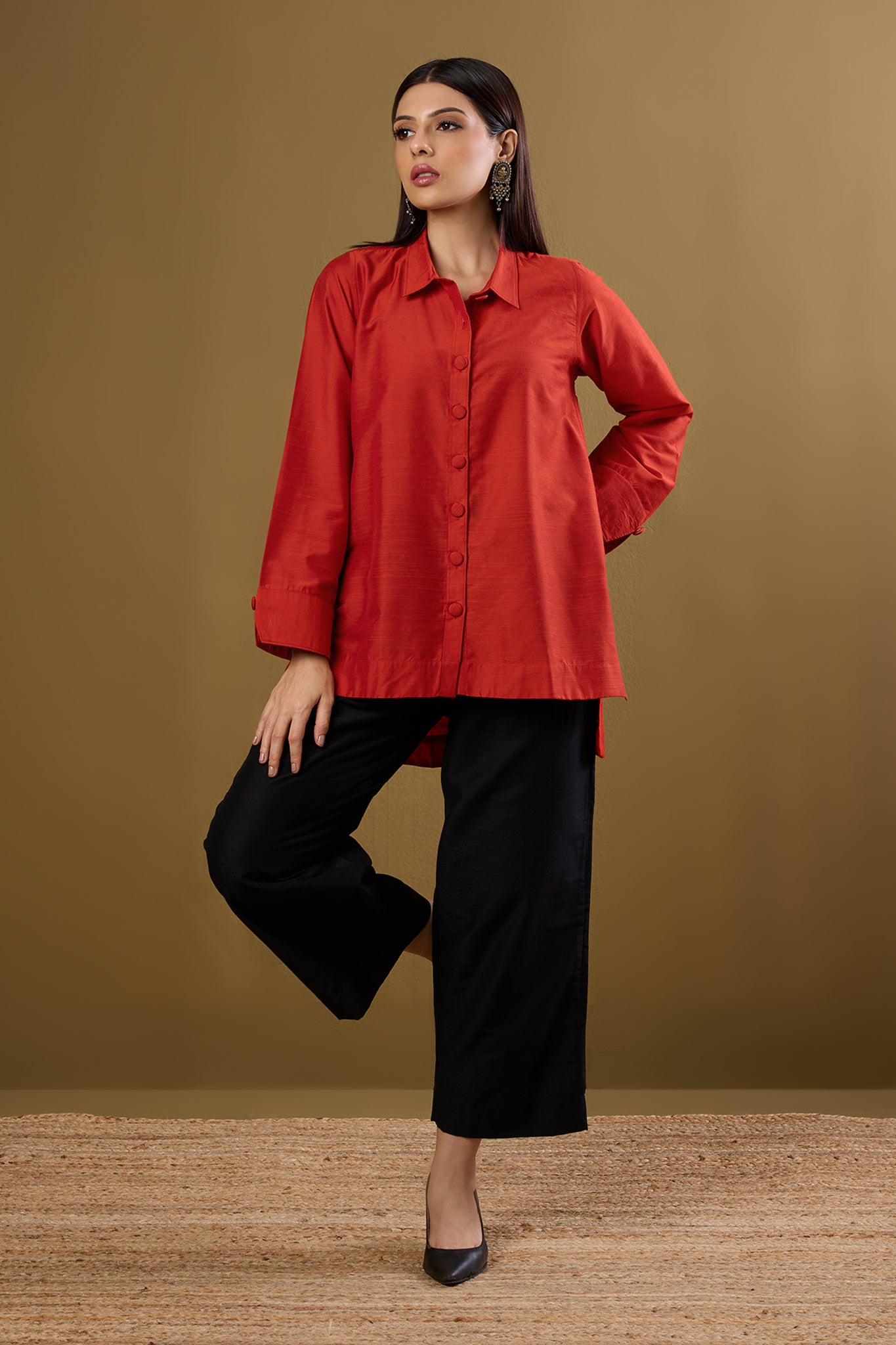 Maati Craft Tangerine Glow High Low Hem Luxe Silk Slub Shirt