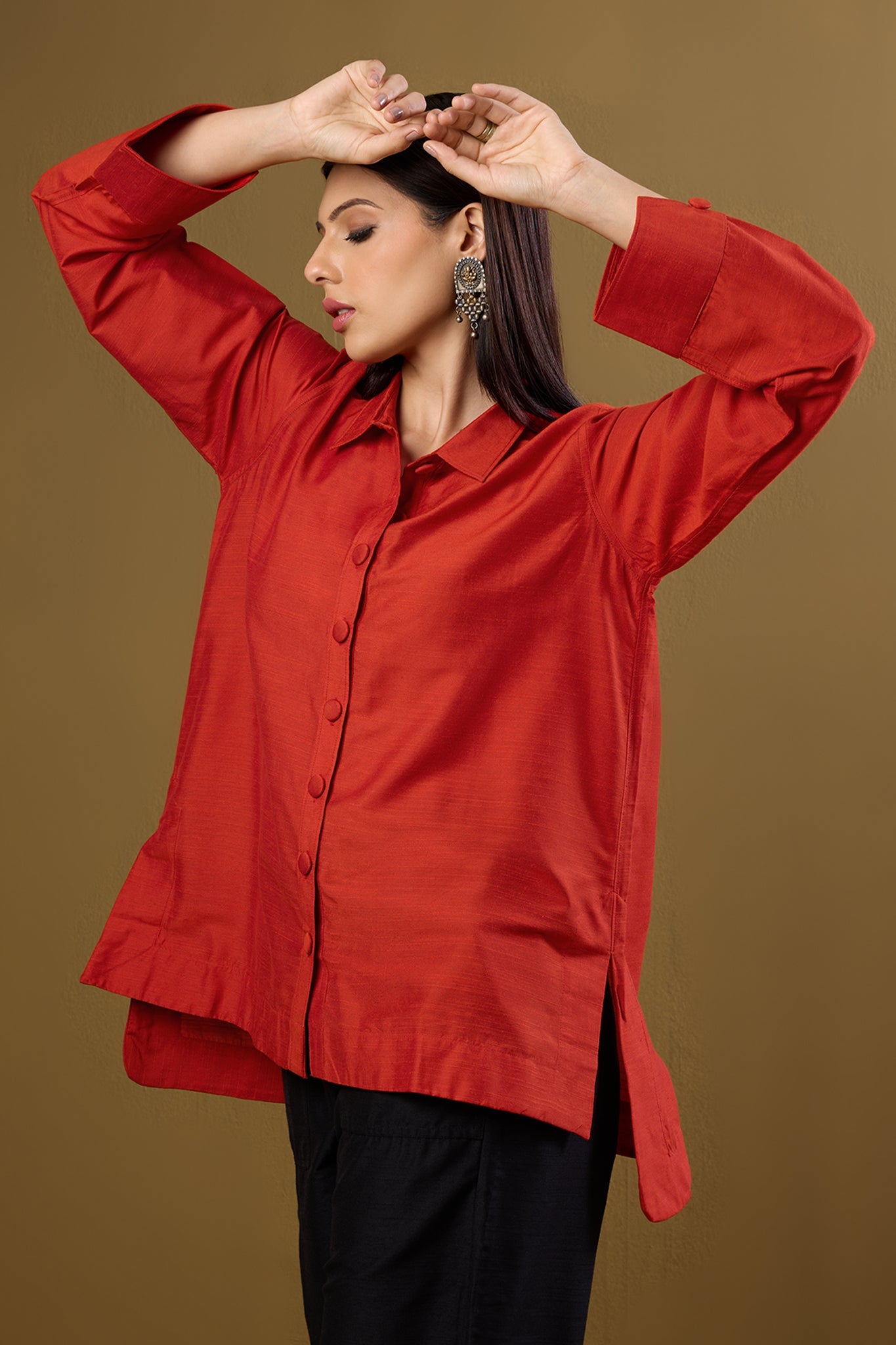 Maati Craft Tangerine Glow High Low Hem Luxe Silk Slub Shirt