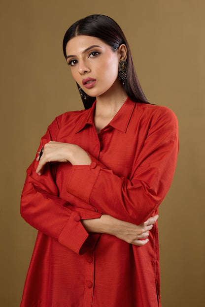 Maati Craft Tangerine Glow High Low Hem Luxe Silk Slub Shirt