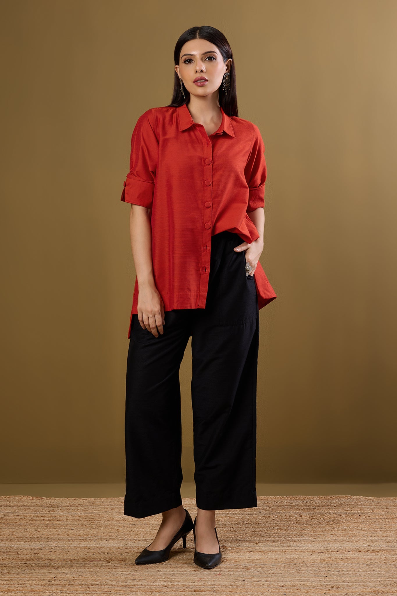 Maati Craft Tangerine Glow High Low Hem Luxe Silk Slub Shirt