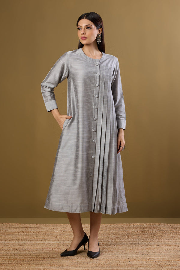 Maati Craft Moonlit Silver Silk Slub One Side Pleated Button Down Dress
