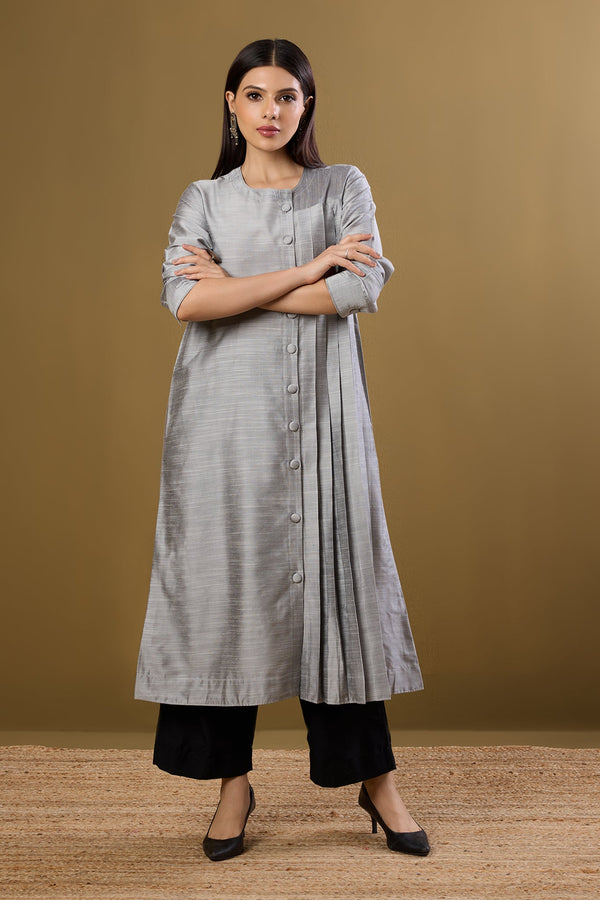 Maati Craft Moonlit Silver Silk Slub One Side Pleated Button Down Dress