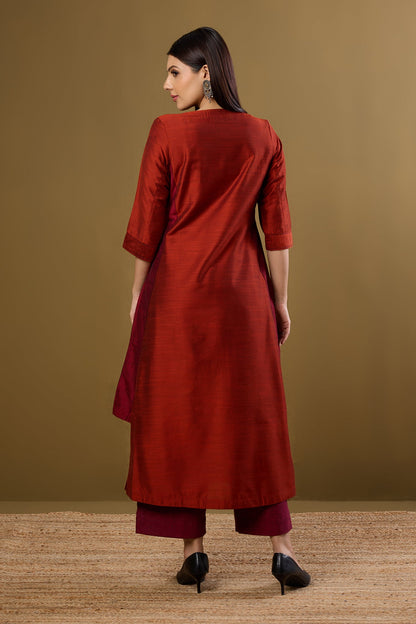 Maati Craft Copper Ember Silk Slub Long Kurta With Side Twist