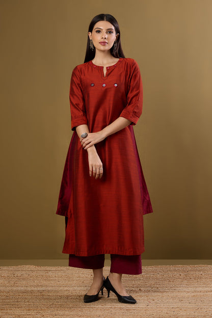 Maati Craft Copper Ember Silk Slub Long Kurta With Side Twist