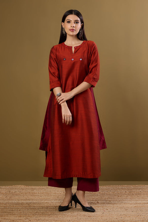 Maati Craft Copper Ember Silk Slub Long Kurta With Side Twist