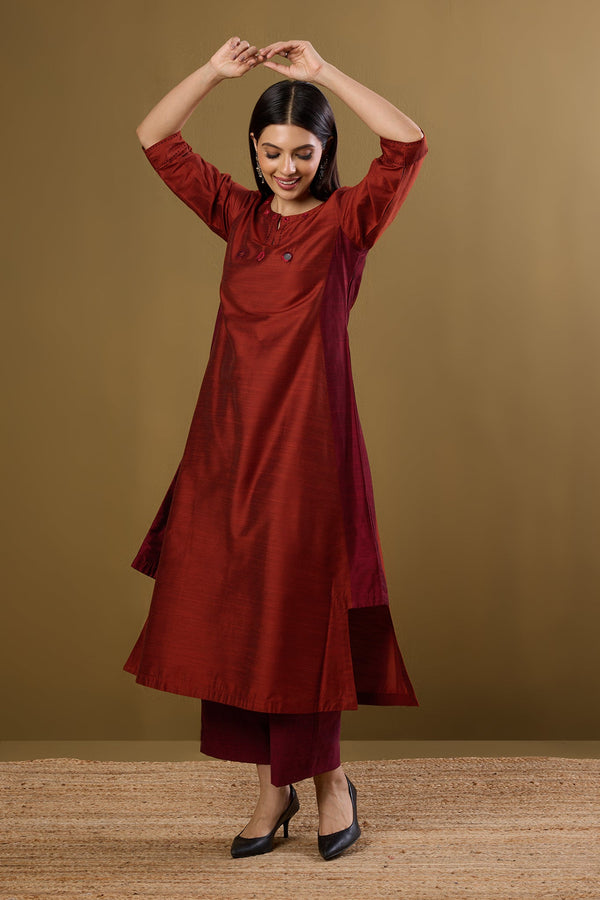 Maati Craft Copper Ember Silk Slub Long Kurta With Side Twist