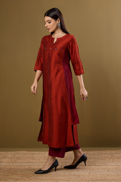 Maati Craft Copper Ember Silk Slub Long Kurta With Side Twist
