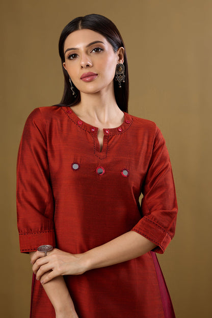 Maati Craft Copper Ember Silk Slub Long Kurta With Side Twist