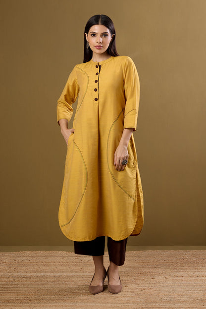 Maati Craft Golden Dawn Stand Collar Kurta with Round Hemline