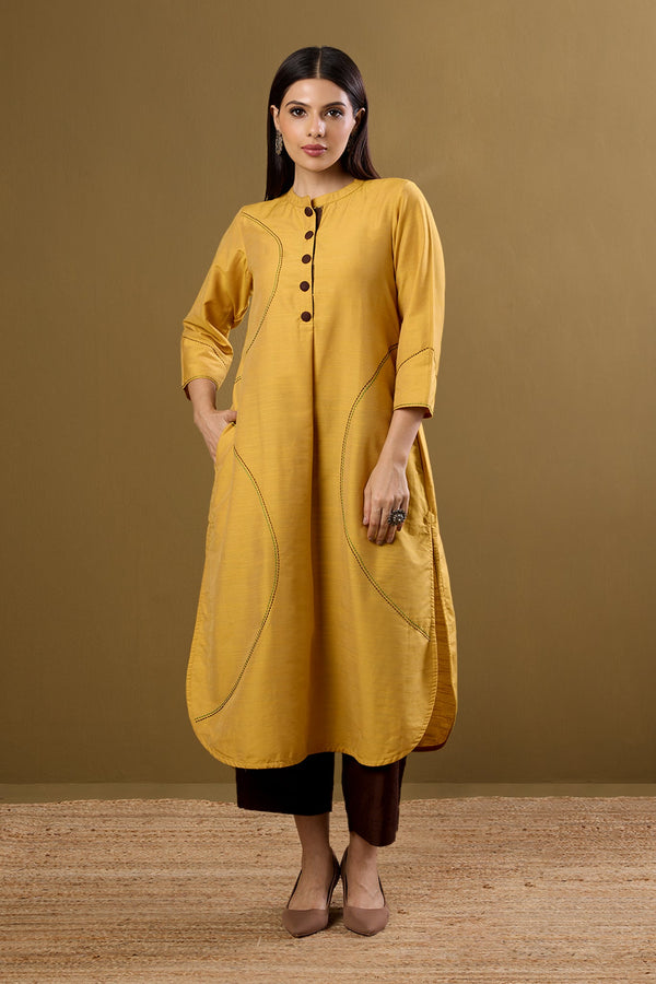 Maati Craft Golden Dawn Stand Collar Kurta with Round Hemline