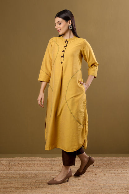 Maati Craft Golden Dawn Stand Collar Kurta with Round Hemline