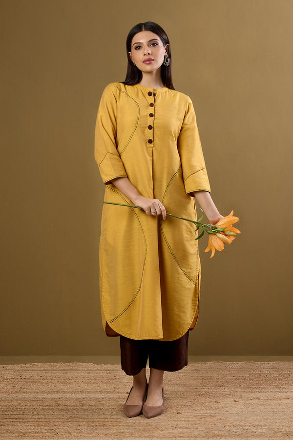 Maati Craft Golden Dawn Stand Collar Kurta with Round Hemline