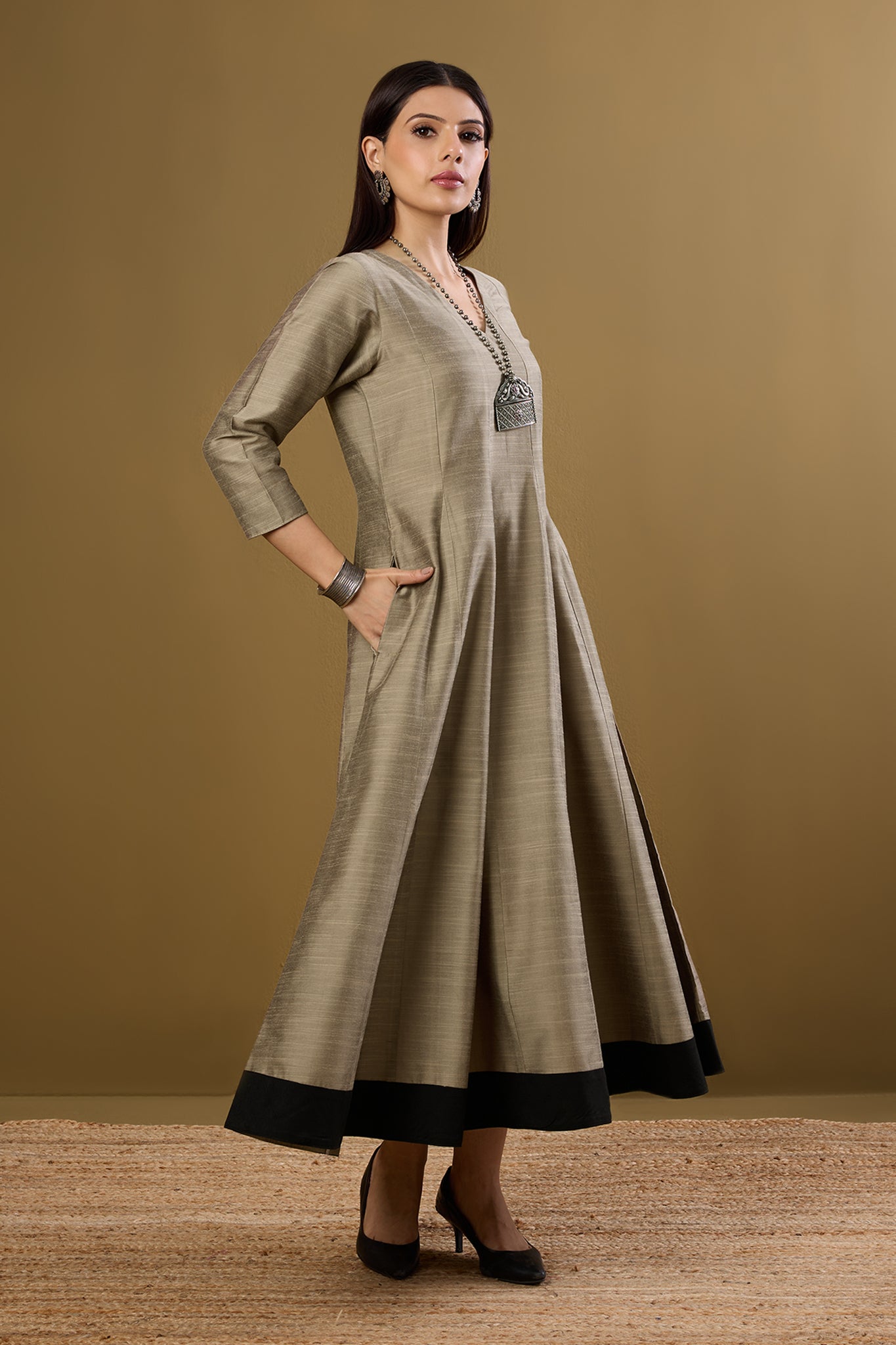 Maati Craft Twilight in Gold Luxe Silk Slub Long Maxi Dress with Sleeves