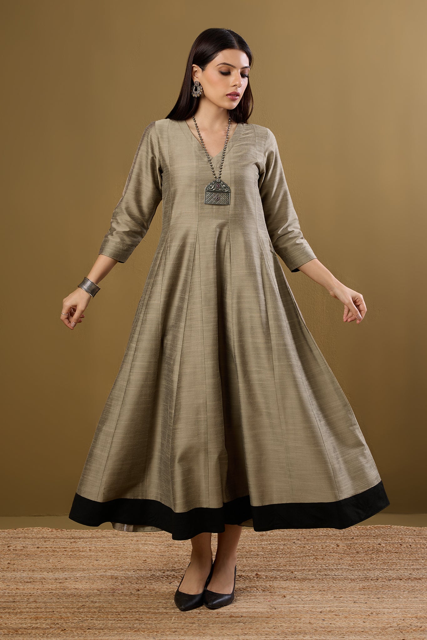 Maati Craft Twilight in Gold Luxe Silk Slub Long Maxi Dress with Sleeves