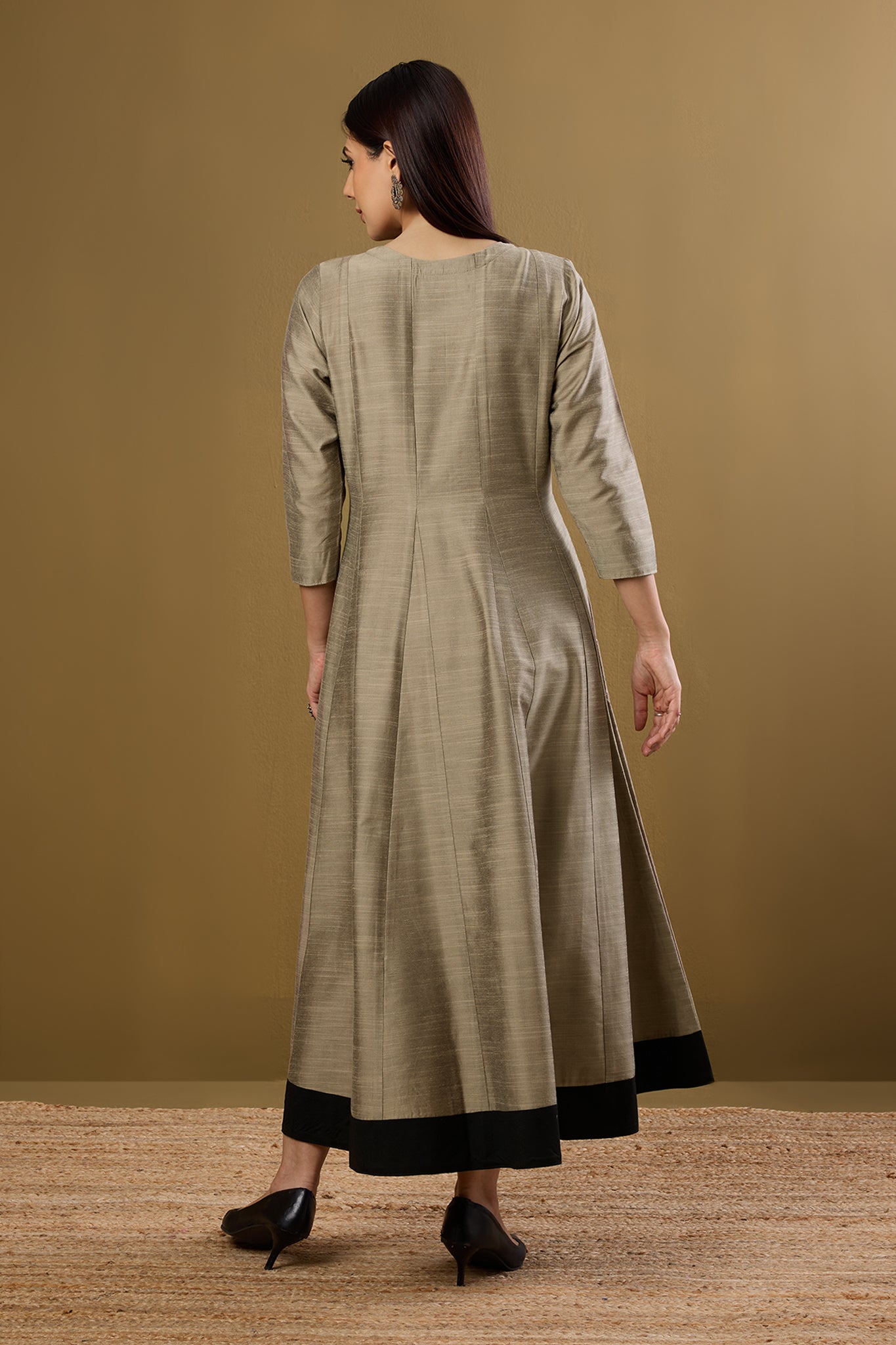 Maati Craft Twilight in Gold Luxe Silk Slub Long Maxi Dress with Sleeves