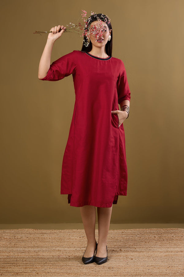 Maati Craft Cherry & Gold Mist Side Bias Shift Dress