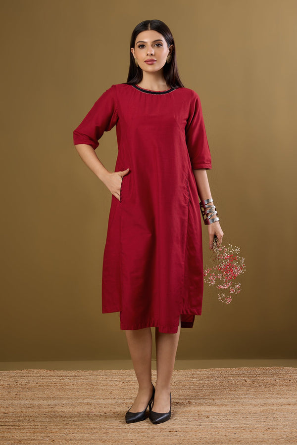 Maati Craft Cherry & Gold Mist Side Bias Shift Dress