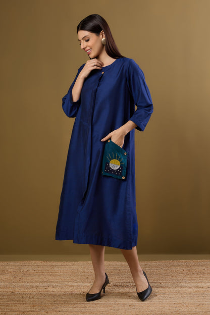 Maati Craft Midnight Tides Silk Slub A-Line Dress with Patch Pocket
