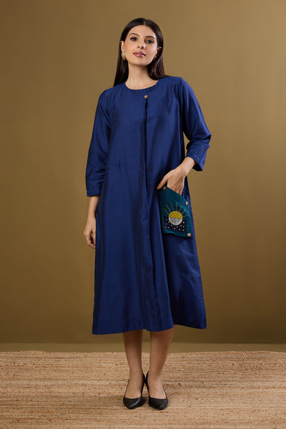 Maati Craft Midnight Tides Silk Slub A-Line Dress with Patch Pocket
