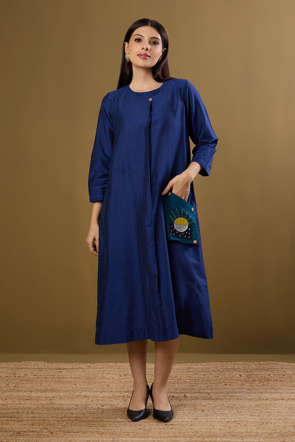 Maati Craft Midnight Tides Silk Slub A-Line Dress with Patch Pocket