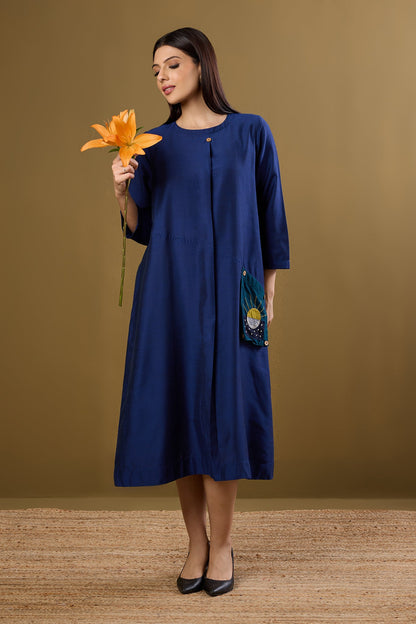 Maati Craft Midnight Tides Silk Slub A-Line Dress with Patch Pocket