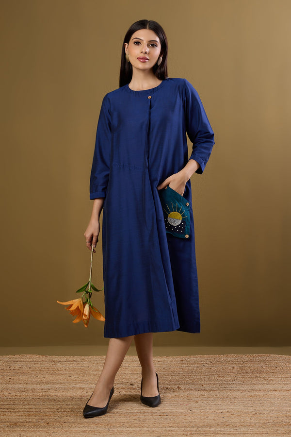 Maati Craft Midnight Tides Silk Slub A-Line Dress with Patch Pocket