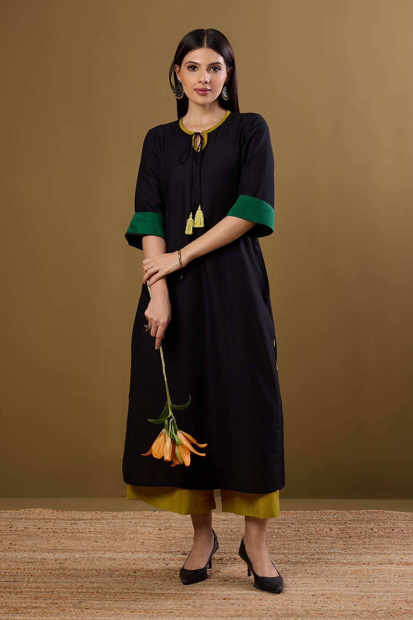 Maati Craft Raven Noir & Saffron Silk Slub Long Kurta with Slit