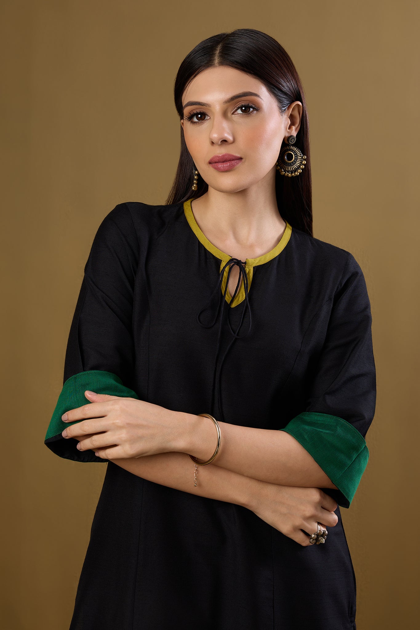 Maati Craft Raven Noir & Saffron Silk Slub Long Kurta with Slit