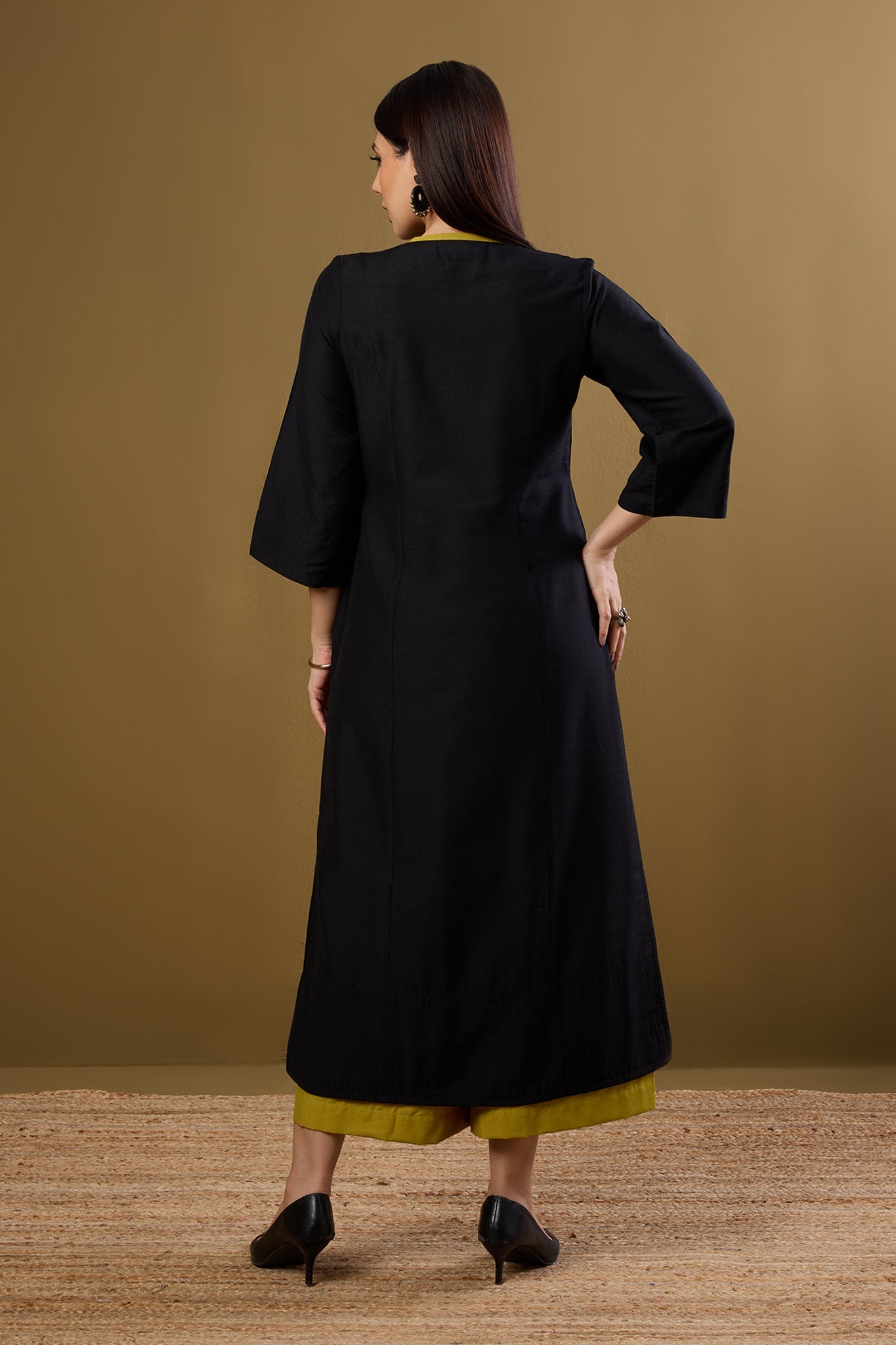 Maati Craft Raven Noir & Saffron Silk Slub Long Kurta with Slit