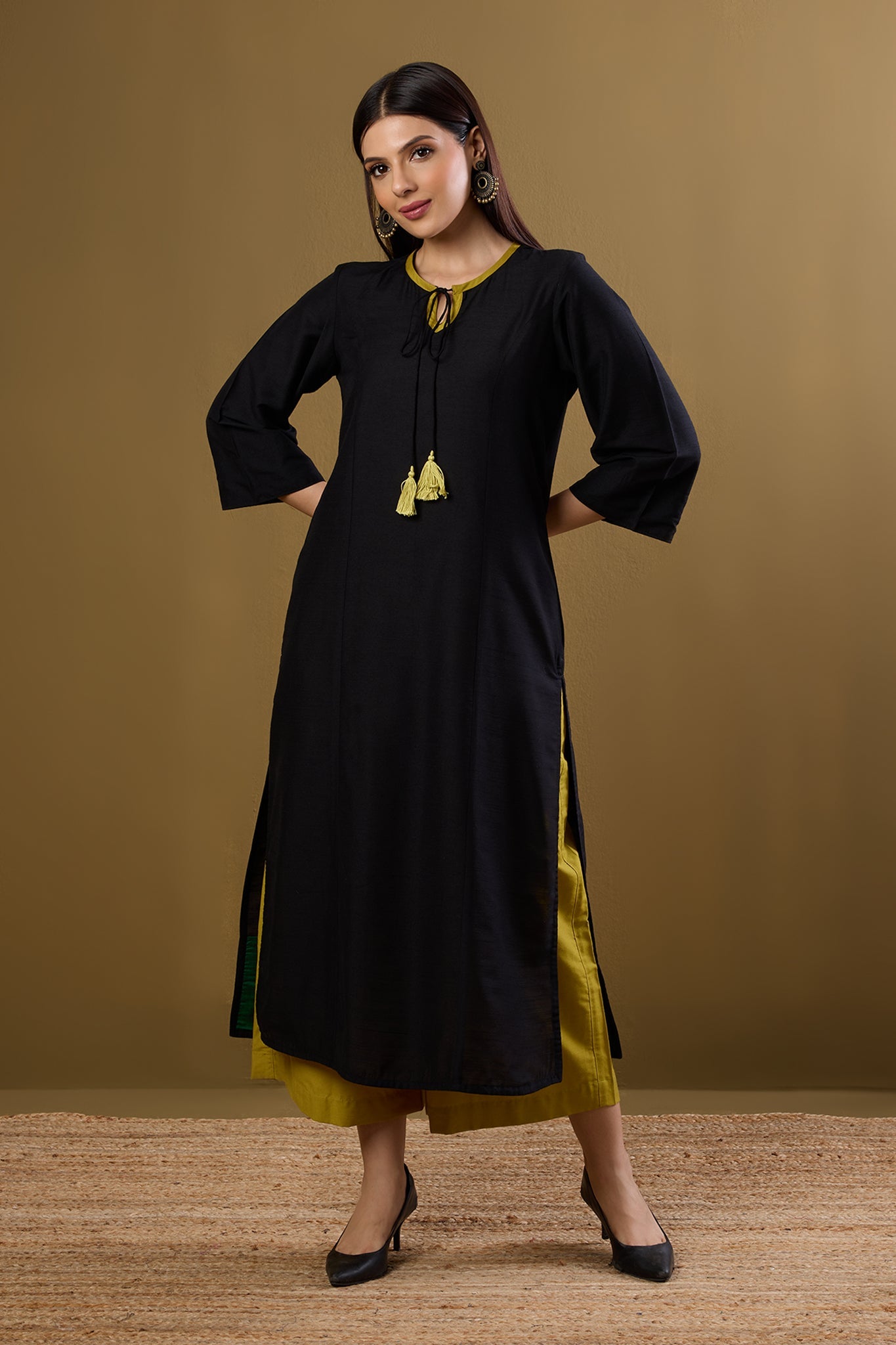 Maati Craft Raven Noir & Saffron Silk Slub Long Kurta with Slit