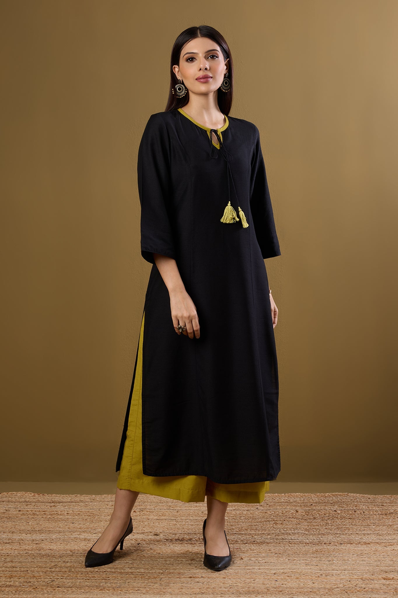 Maati Craft Raven Noir & Saffron Silk Slub Long Kurta with Slit