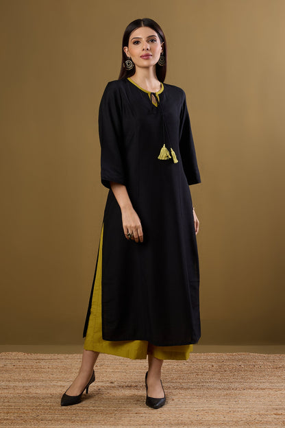 Maati Craft Raven Noir & Saffron Silk Slub Long Kurta with Slit