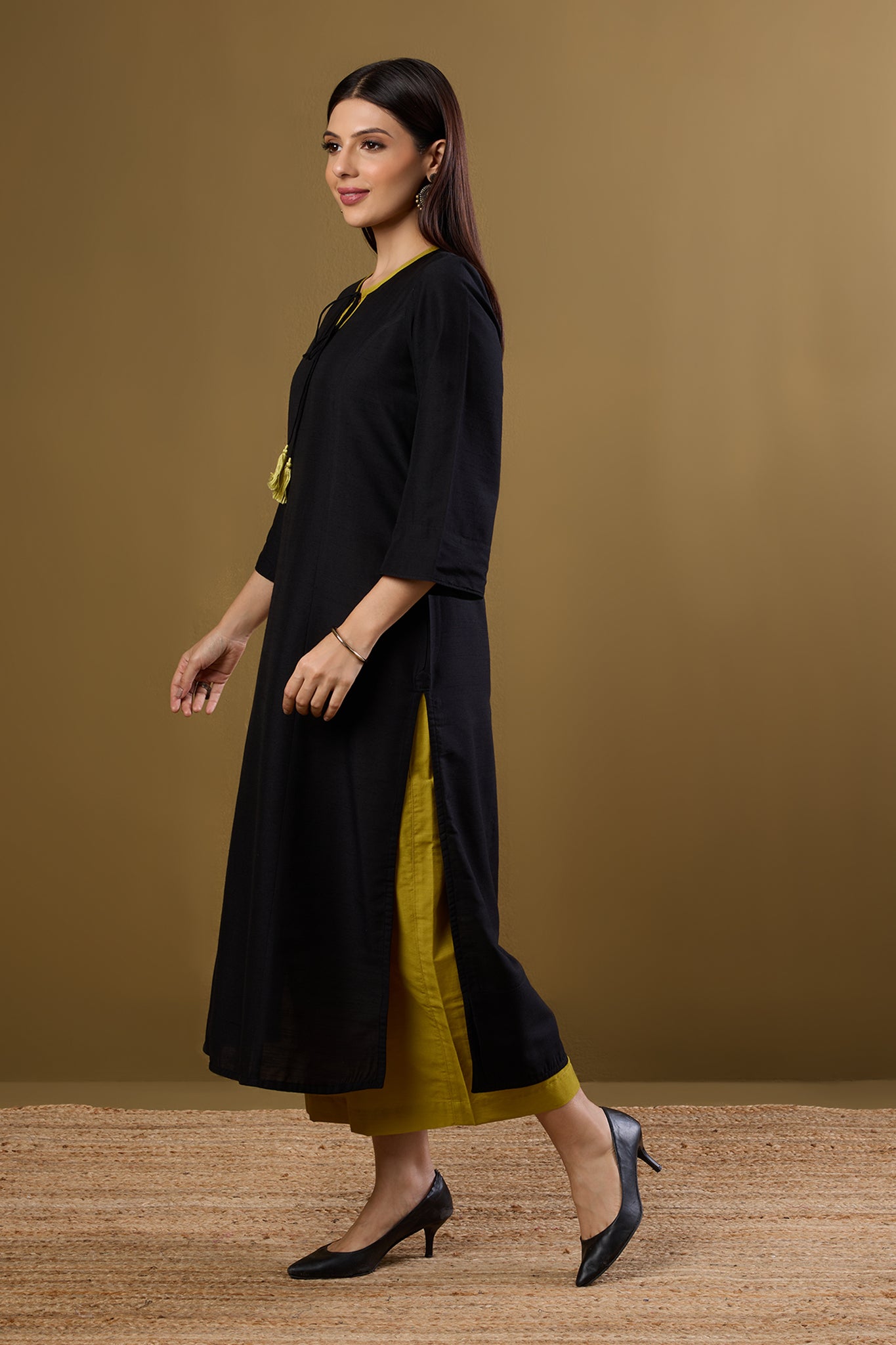 Maati Craft Raven Noir & Saffron Silk Slub Long Kurta with Slit