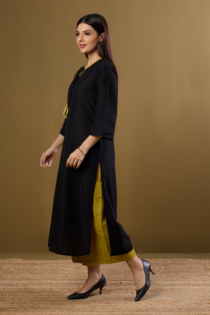 Maati Craft Raven Noir & Saffron Silk Slub Long Kurta with Slit