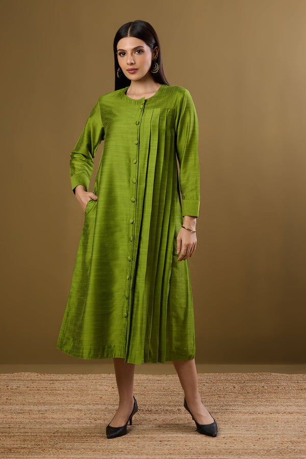 Maati Craft Forest Spice Silk Slub One Side Pleated Button Down Dress